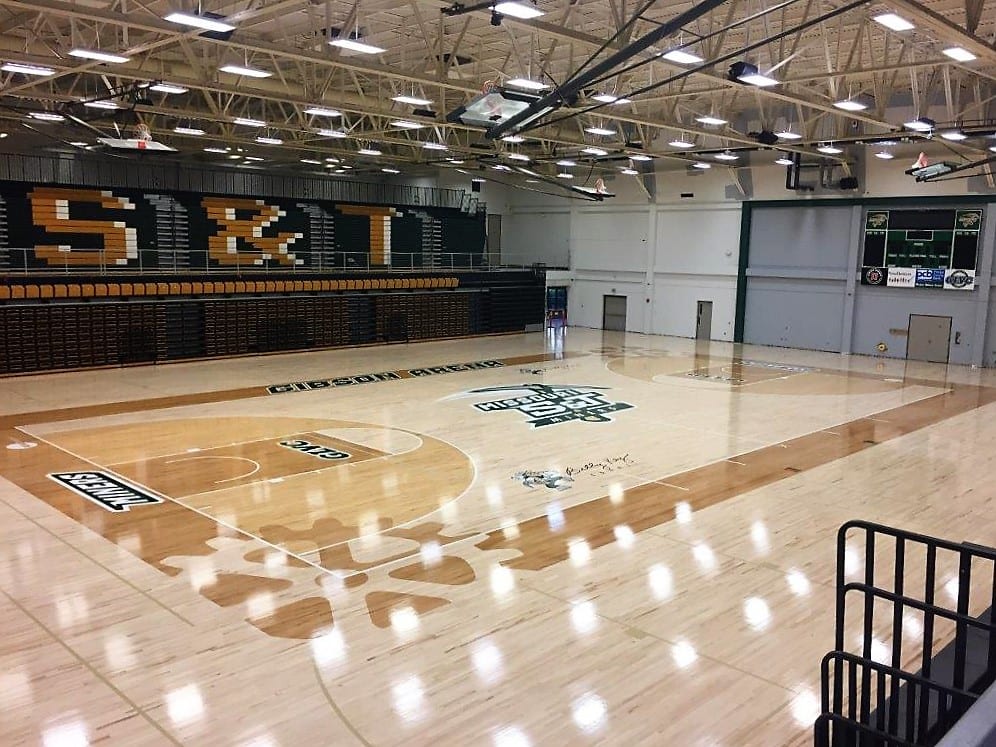 missouri s&t gym floor graphics stained